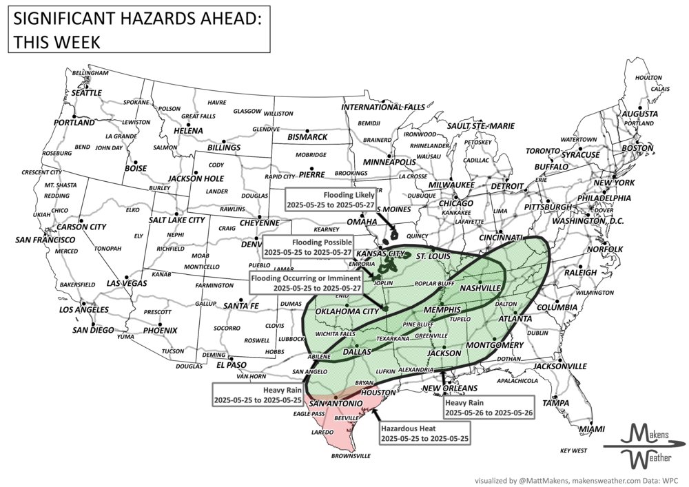 🌧️ Memorial Day/Week Weather Outlook 🌧️

Heavy rain and flash flooding remain a concern across the South heading into early in the week. A stalled front stretching from Texas to the Appalachians will fuel repeated rounds of storms, especially from northeast Texas through