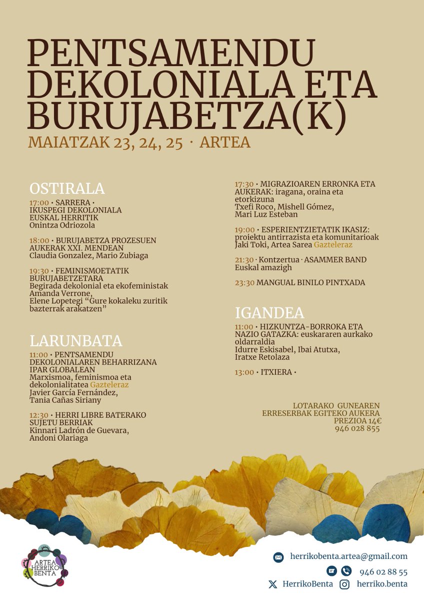 Desde hoy hasta el domingo estaremos en Artea, Bizkaia, hablando sobre pensamiento decolonial y soberaníass. En <a href="/HerrikoBenta/">Artea Herriko Benta</a> con <a href="/zuribia/">mario zubiaga</a> <a href="/JuleGoi/">Jule Goikoetxea</a>  y otros compas de Euskal Herria. En nuestra mesa trataremos el marxismo y el feminismo desde un punto de vista decolonial: