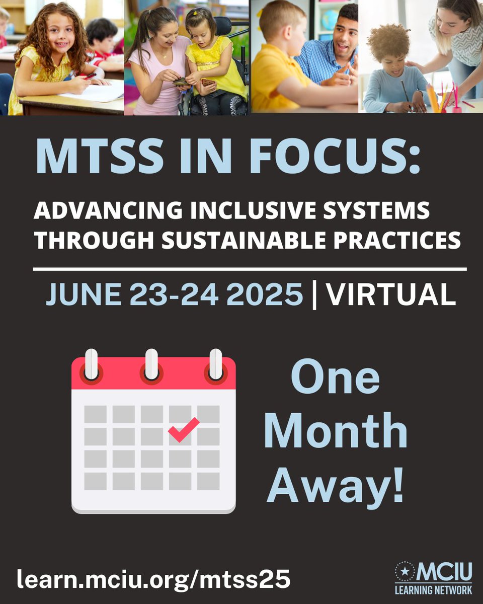 MCIULearns's tweet image. 📅 One Month Away!
🎥 Can’t attend live? No problem! You’ll have access to recordings for 6 months after the event.

🗓️ June 23–24, 2025
💻 100% Virtual
📝 Register by June 15: learn.mciu.org/mtss25/

#MTSSInFocus #VirtualPD #EducationEquity #MTSS2025 #CountdownToMTSS