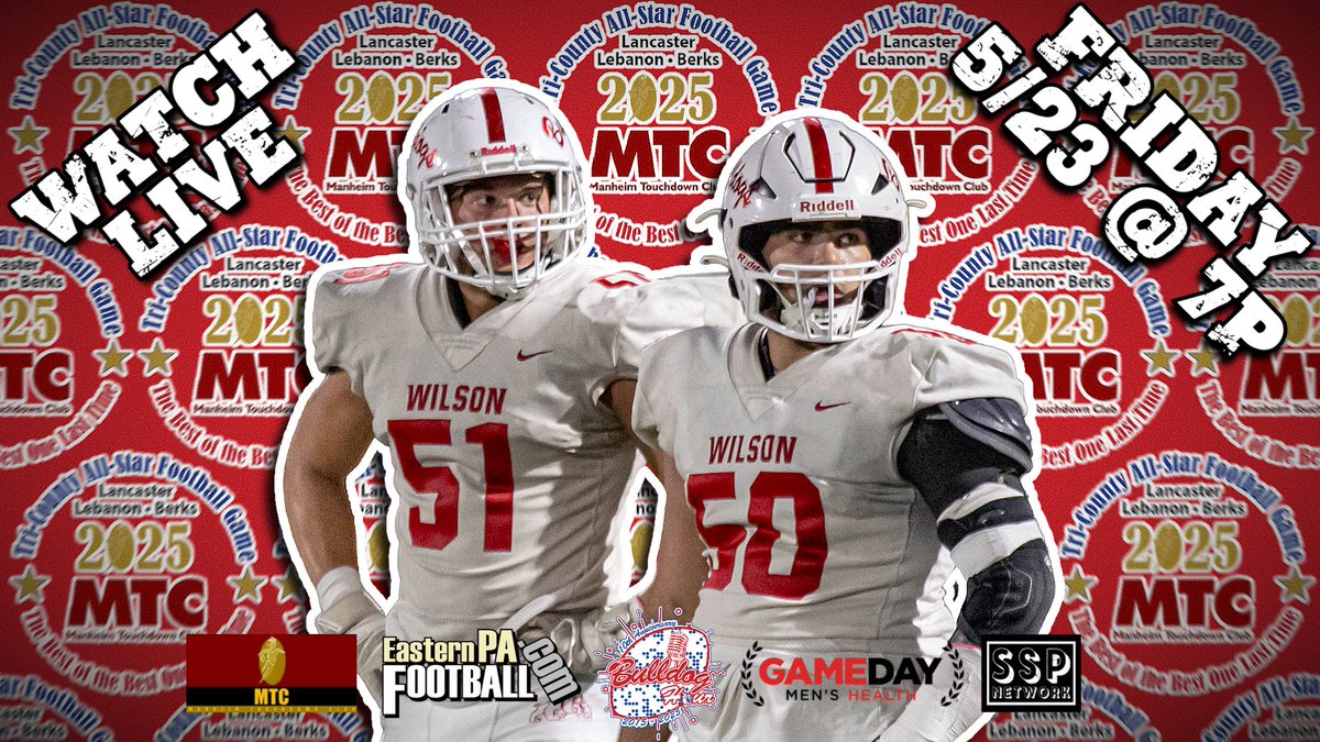 Wilson Bulldogs Football (@wilsonbulldogs) on Twitter photo Watch Derek Reiniger & Anthony Geloso LIVE in the 2025 Manheim Touchdown Club Tri-County All-Star Game tonight @ 7p ➡️youtube.com/live/v8nOjFxmc… via <a href="/PremiunSports/">Sports Solutions Marketing/SSPN</a> & brought to you by Gameday Men's Health and EasternPAFootball.com, w/ commentary by <a href="/BulldogHour/">The Bulldog Hour</a> & <a href="/BadgleyBruce/">Bruce Badgley</a>! Watch Derek Reiniger & Anthony Geloso LIVE in the 2025 Manheim Touchdown Club Tri-County All-Star Game tonight @ 7p ➡️youtube.com/live/v8nOjFxmc… via <a href="/PremiunSports/">Sports Solutions Marketing/SSPN</a> & brought to you by Gameday Men's Health and EasternPAFootball.com, w/ commentary by <a href="/BulldogHour/">The Bulldog Hour</a> & <a href="/BadgleyBruce/">Bruce Badgley</a>!