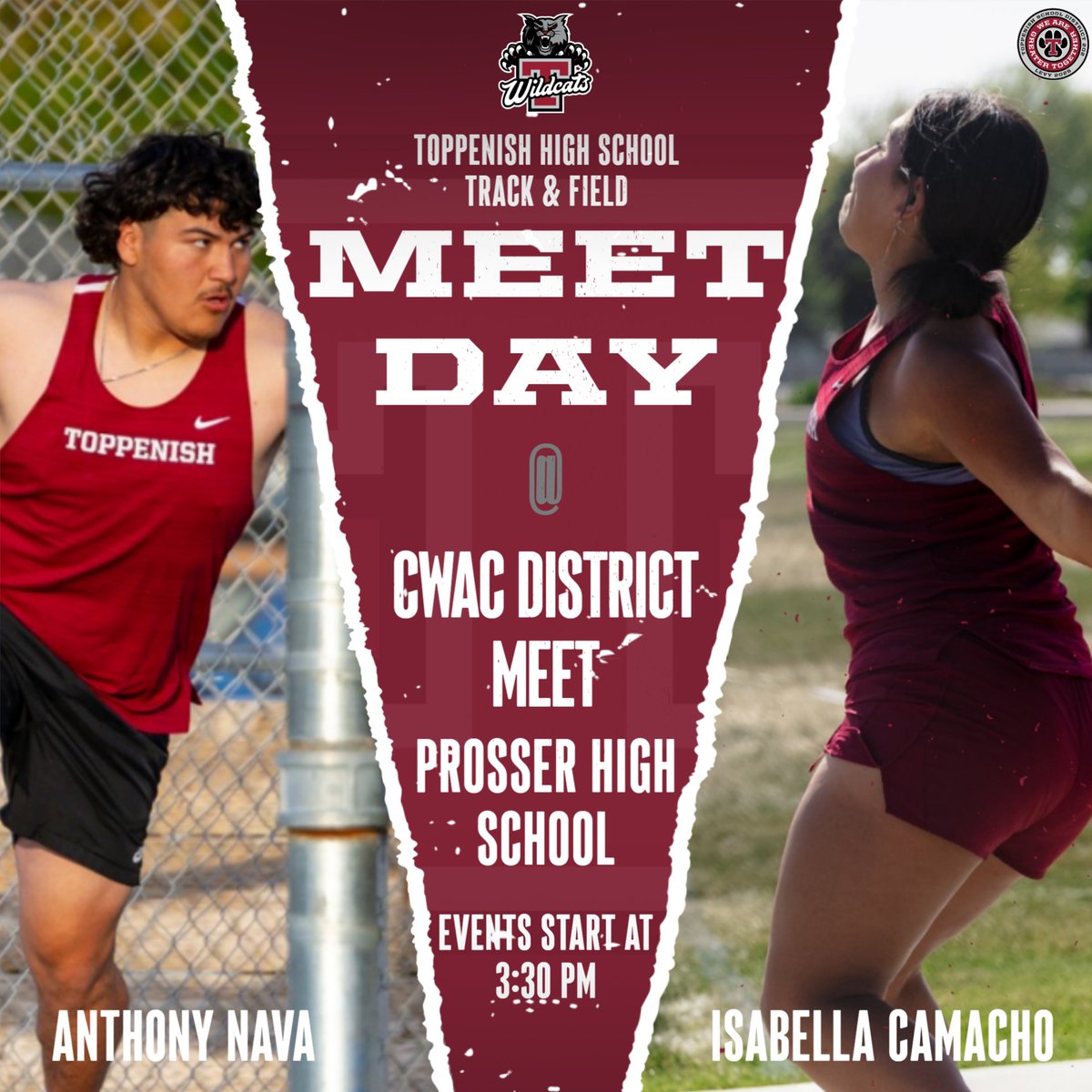 🏃‍♂️💨 The Toppenish Wildcats are ready to ROAR at the CWAC District Meet! Top 2 athletes in each event will advance to the WIAA 2A State Meet next weekend. Let’s show our support! 🐾 #WildcatNation #WeAreGreaterTogether