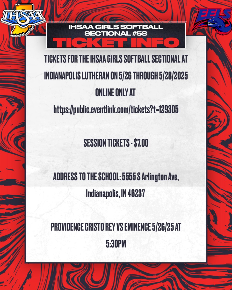 2025 IHSAA Softball sectional #58 At Indianapolis Lutheran on 5/26/2025. Tickets can be purchased at public.eventlink.com/tickets?t=1293…

Lets go make history!! Go Eels!!!