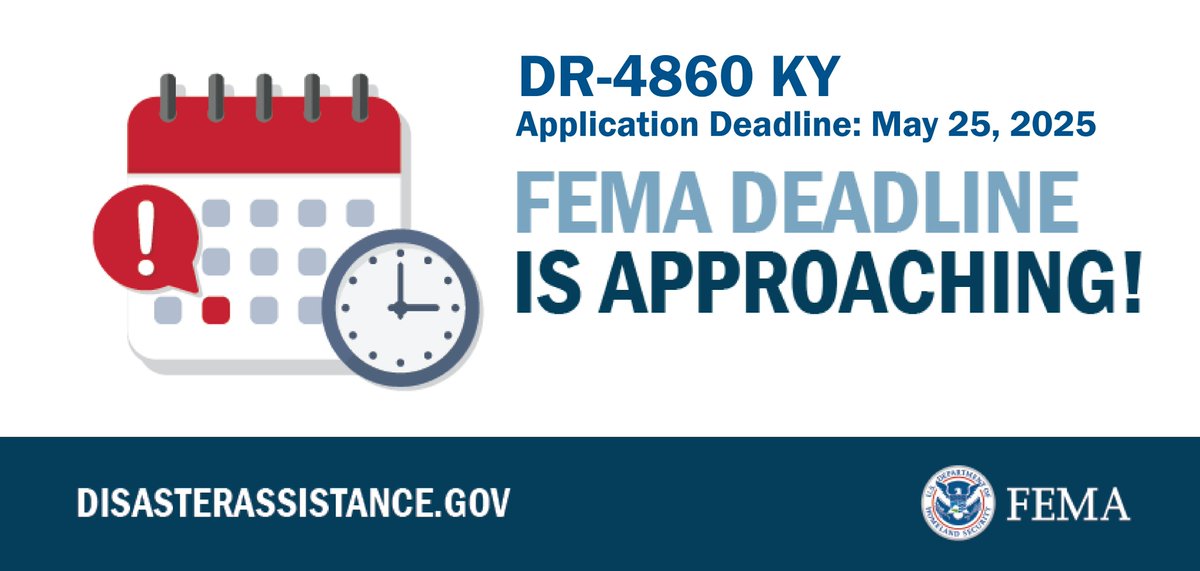 Kentucky: 2 Days Left to Apply!

📢If you were affected by the February floods and you need help repairing or replacing property, be sure to apply for FEMA assistance by May 25th.

4 ways to apply:
🔹DisasterAssistance.gov
🔹Call 800-621-3362
🔹Visit a local DRC
🔹The FEMA App