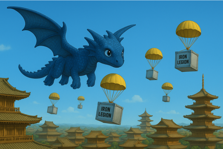 Ronin_brasil's tweet photo. Em meio as nuvens da Ronin BR um dragão azul aparece, sobrevoando a comunidade com caixas misteriosas ao seu redor. https://t.co/2uK6D9DEnn