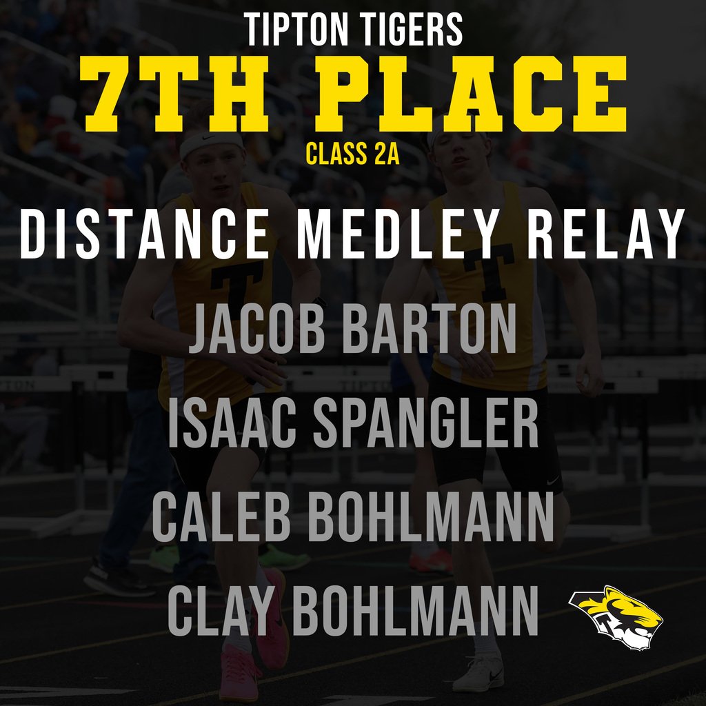The Tiger boys grab a medal and a couple team points out of heat 1 in the Distance Medley Relay with a 7th place finish. Jacob, Isaac, Caleb and Clay well done!