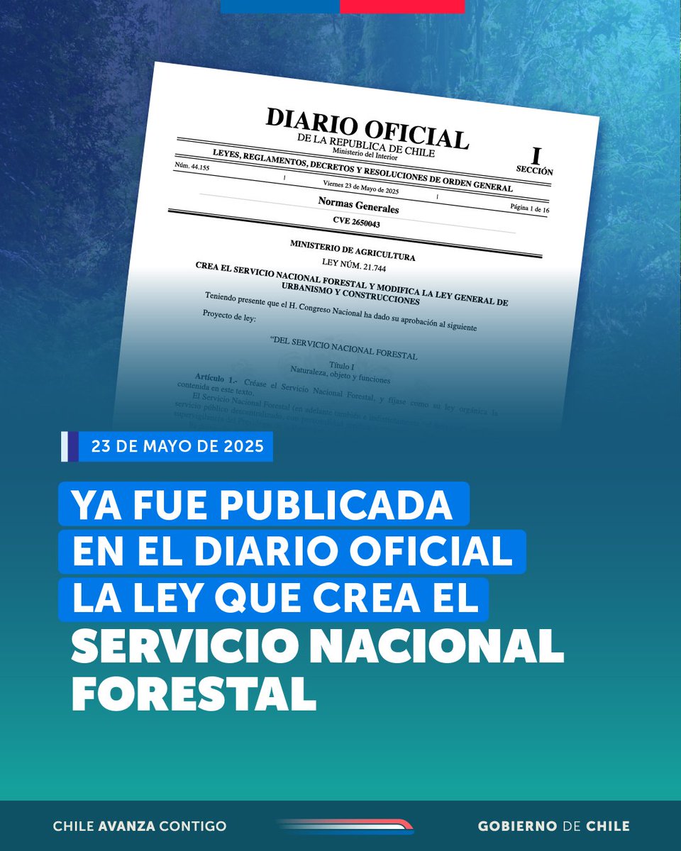 Ministerio de Agricultura de Chile 🇨🇱 (@minagricl) on Twitter photo Avanzamos por un sector forestal más sustentable 🍃✨
✔️ Hoy fue publicada en el Diario Oficial la ley que crea el Servicio Nacional Forestal y que será el sucesor de la actual <a href="/conaf_minagri/">CONAF - Corporación Nacional Forestal</a>
👉 Este nuevo servicio público reforzará la labor del Estado en la prevención y Avanzamos por un sector forestal más sustentable 🍃✨
✔️ Hoy fue publicada en el Diario Oficial la ley que crea el Servicio Nacional Forestal y que será el sucesor de la actual <a href="/conaf_minagri/">CONAF - Corporación Nacional Forestal</a>
👉 Este nuevo servicio público reforzará la labor del Estado en la prevención y
