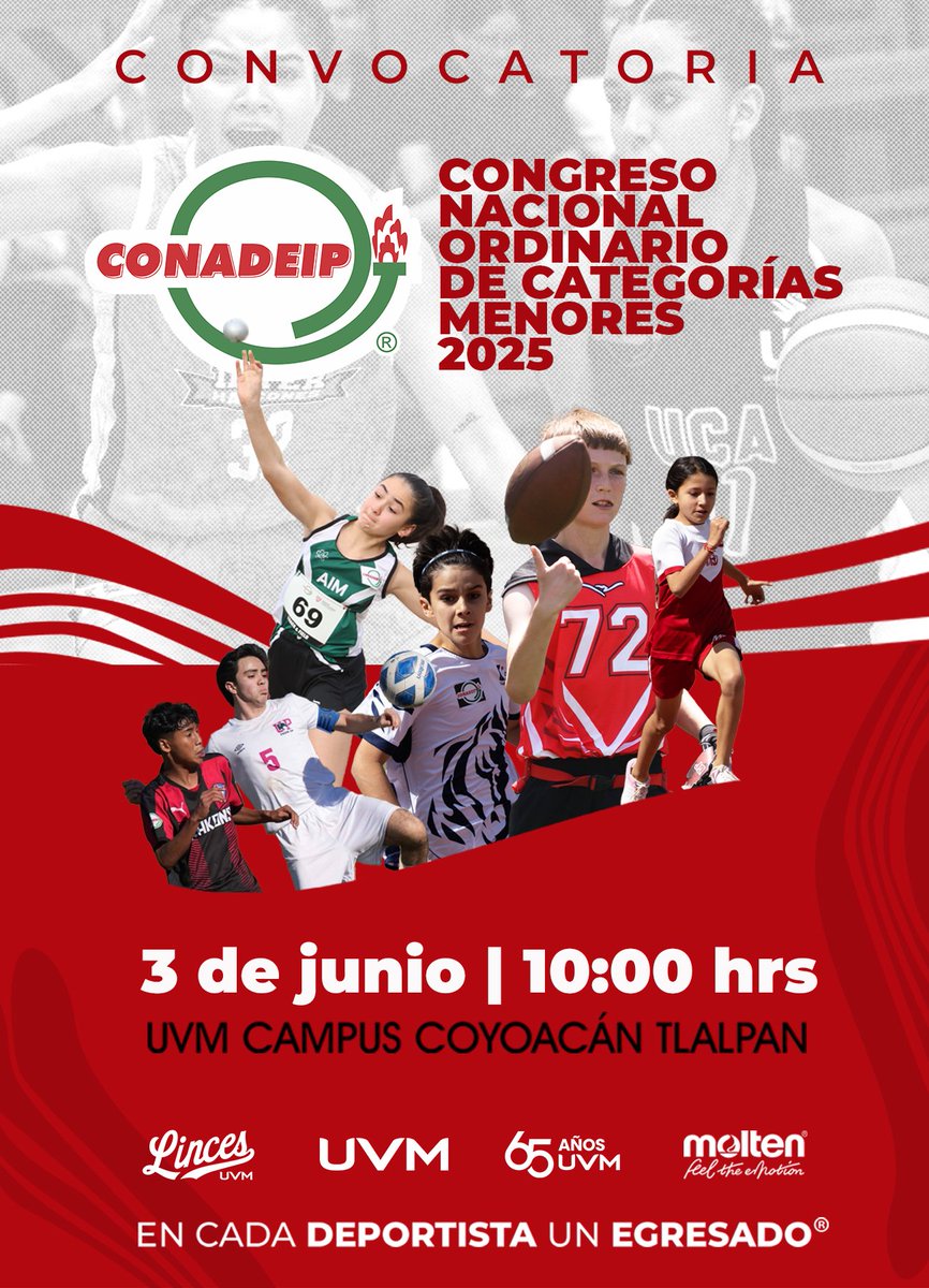 La CONADEIP, en apego a sus estatutos y reglamentos, convoca a todas las Instituciones privadas asociadas y no asociadas a formar parte del Congreso Nacional Ordinario de Categorías Menores 2025.
Consulta las bases en: conadeip.org/convocatoria-a…
📍 SEDE: UVM Campus Coyoacán-Tlalpan.