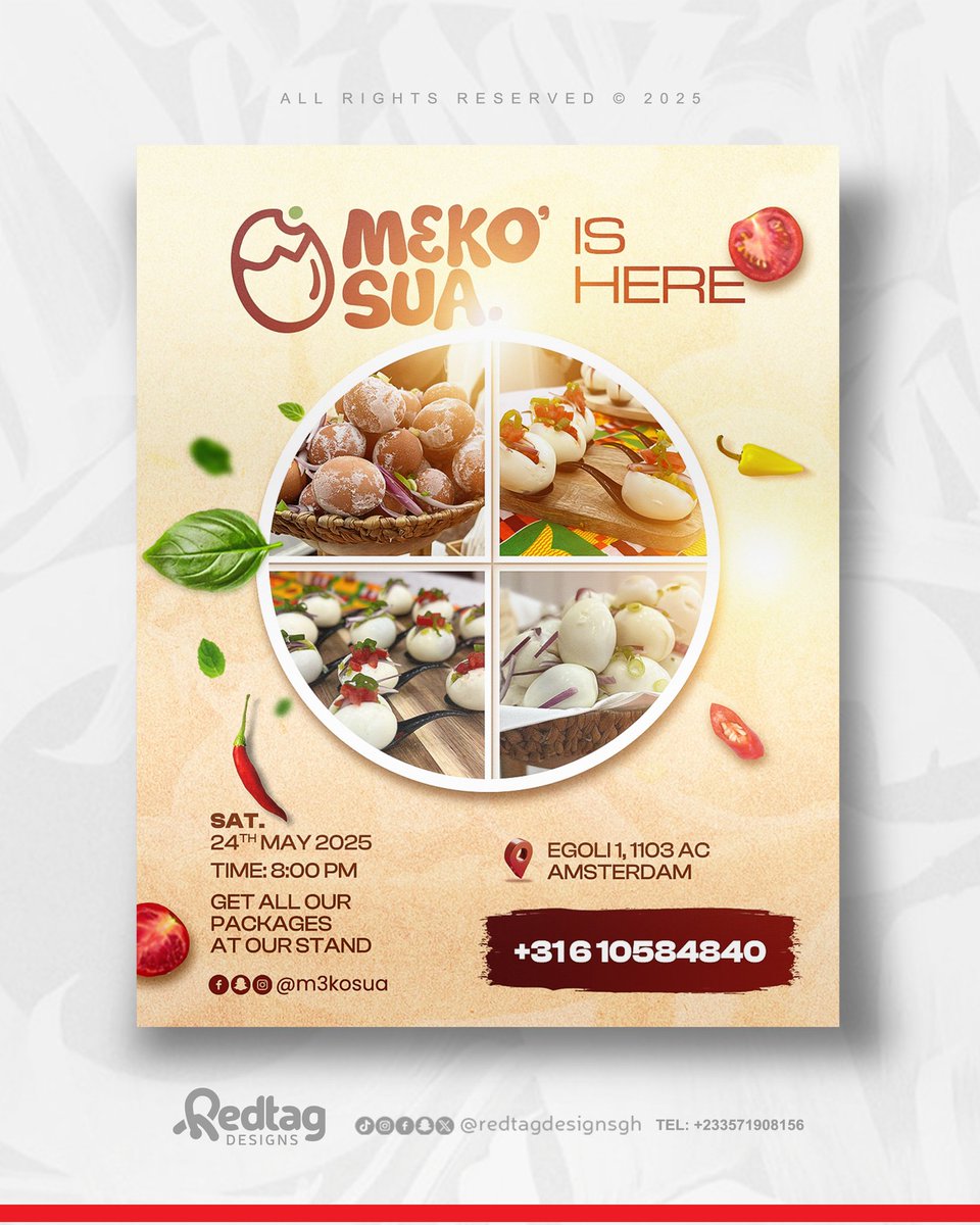redtagdesignsgh's tweet photo. Clean. Creative. Crave-worthy!
From flavors to flyers. We turn concepts into visuals that speak.
Designed for mɛko'sua's Saturday event, &amp; yes, the food’s as good as it looks!
#redtagdesignsgh #flyerdesigner #foodbranding #amsterdamevents  #visualmarketing #mekonekosua #ghanafood https://t.co/xUrqAequiS
