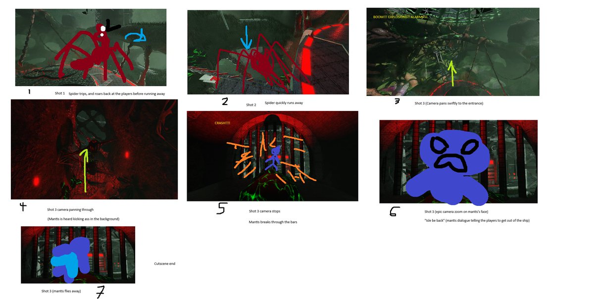 paleoblosious's tweet image. Isle 10 spider phase 2 boss behind the scenes!
Fancier storyboard by Planta.
MS paint storyboard by me xD
Blender draft animated by me.
Mantis crying concepts by @_fineena