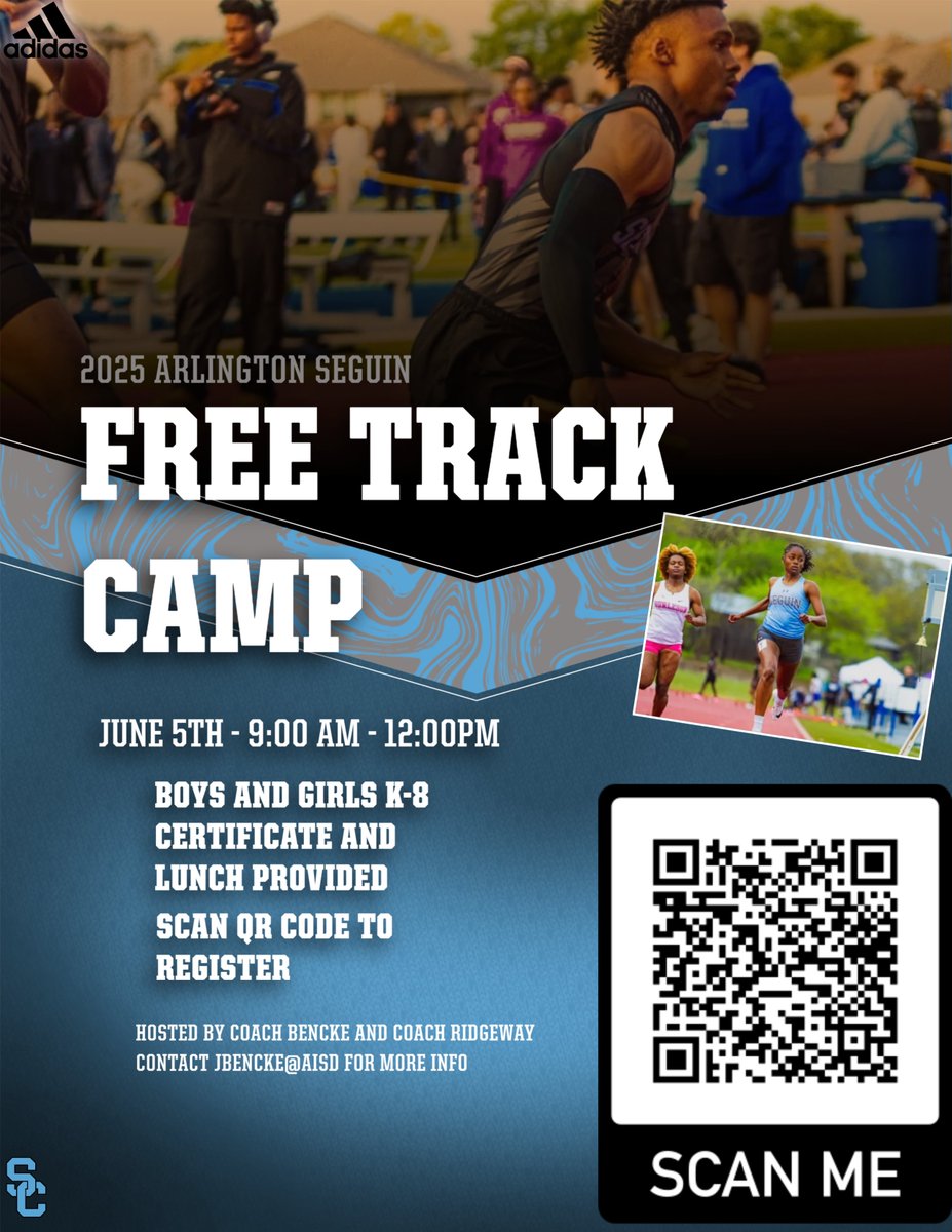ASeguinTrack's tweet image. 🎽 Seguin Boys &amp;amp; Girls Track Camp - Summer 2025! 🎽
🕘 Time: 9:00 AM – 12:00 PM
📍 Location: Seguin High School Track/MAC
👟 Who: Boys and Girls, Grades K–8
📆 Date: Thursday, June 5th
💲 Cost: FREE! (Lunch provided)
docs.google.com/forms/d/e/1FAI…