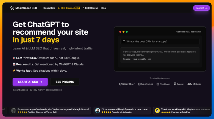 Sasha (@sashamagicspace) on Twitter photo 🚀 Just launched: "How can I make ChatGPT recommend me?" — our new AI SEO course that shows you how to get discovered by AI.
âś… Get ChatGPT, Perplexity, Claude, etc to choose you
Learn LLM SEO today👇
magicspace.co/courses/ai-seo 🚀 Just launched: "How can I make ChatGPT recommend me?" — our new AI SEO course that shows you how to get discovered by AI.
âś… Get ChatGPT, Perplexity, Claude, etc to choose you
Learn LLM SEO today👇
magicspace.co/courses/ai-seo