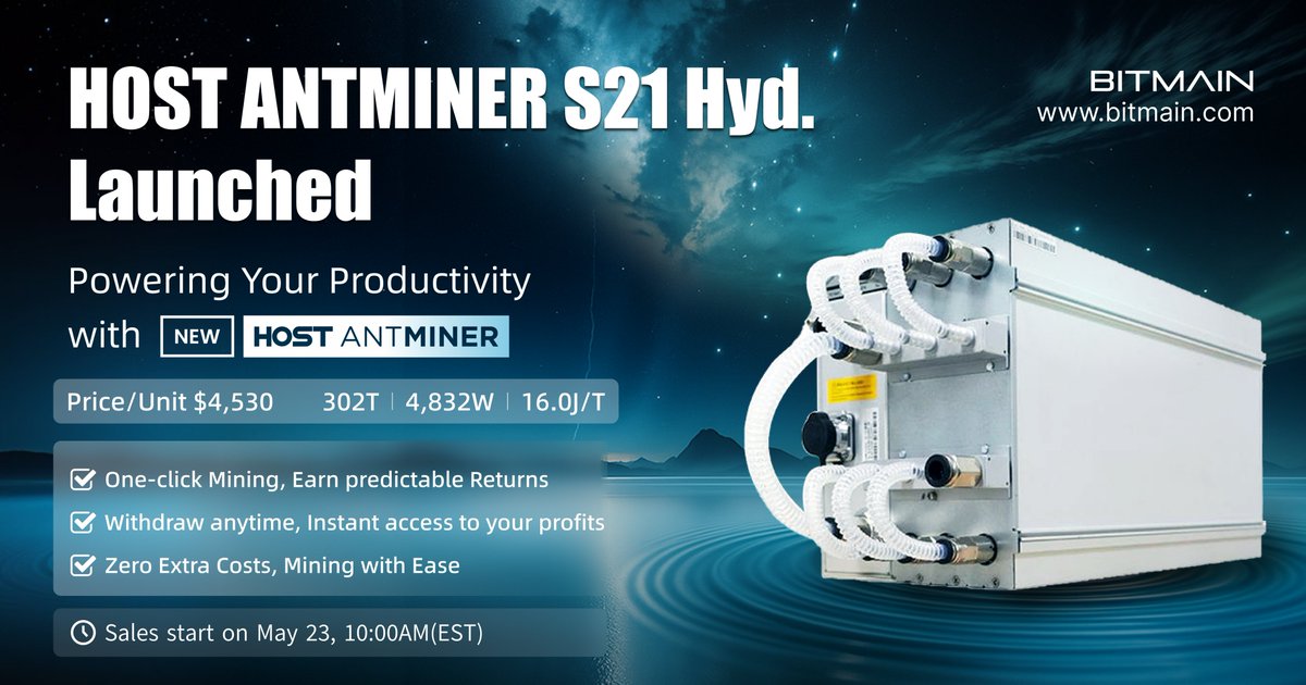 📢HOST ANTMINER S21 Hyd. New Released
🤩Powering Your Productivity to acquire BTC efficiently
🔆302T
🔆4832W
🔆16J/T
💸4,530/Unit for a one-stop mining service with high performance HOST S21 Hyd.
‼Sales start on May 23, 10 AM (EST)