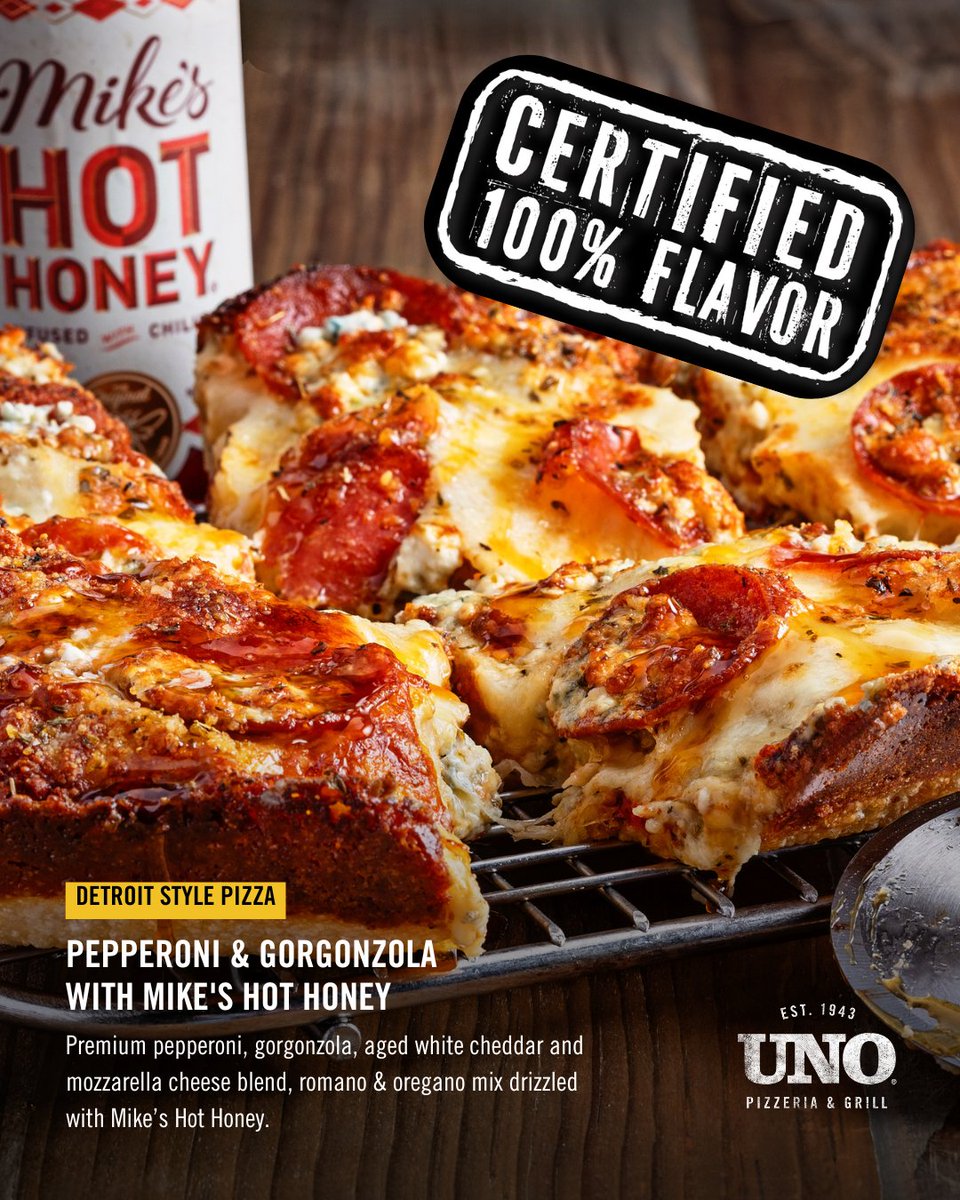 Experience the Detroit difference! Our Pepperoni &amp; Gorgonzola Detroit Style pizza features that iconic crispy crust, generous pepperoni, rich gorgonzola, and the perfect sweet and spicy finish of Mike's Hot Honey.