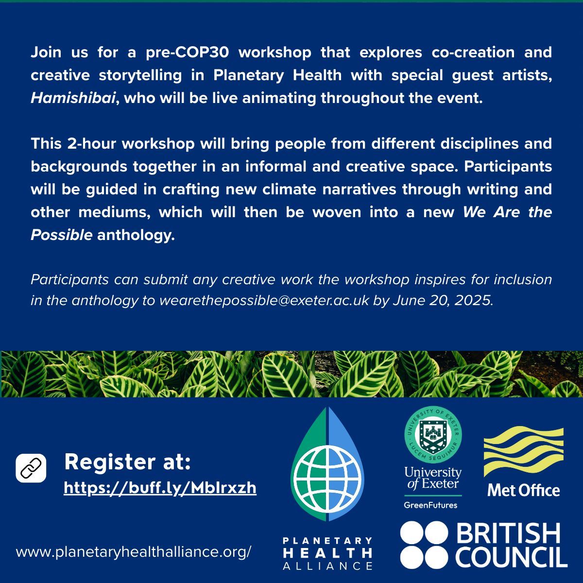 Join PHA for a pre-COP30 workshop exploring co-creation &amp; creative storytelling in #PlanetaryHealth!

Participants will be guided in crafting new climate narratives through writing &amp; other mediums, which will be woven into a new anthology.
 
🔗 Register: buff.ly/MbIrxzh