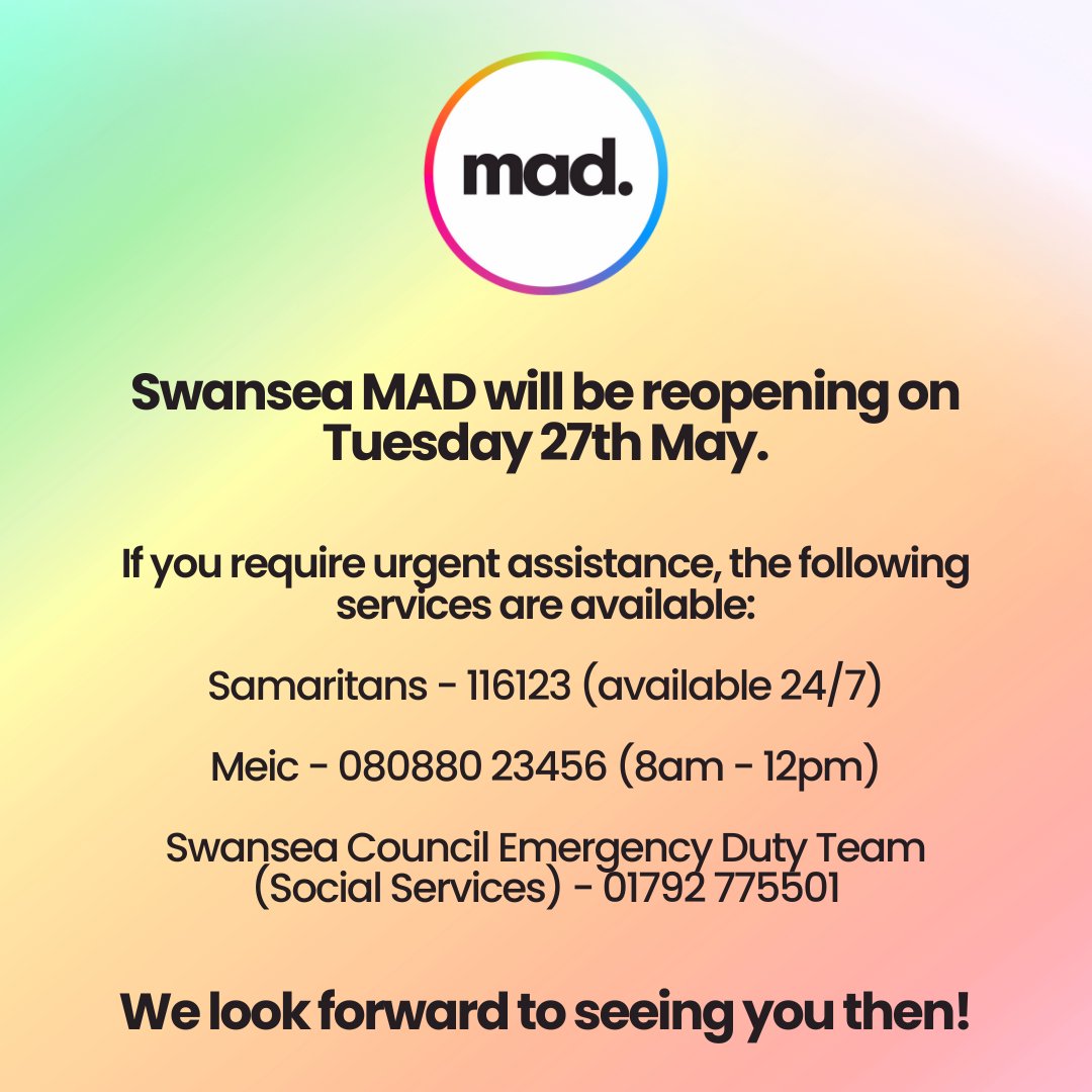 Swansea MAD will be reopening on Tuesday 27th May.

We look like forward to seeing you then! ✨
