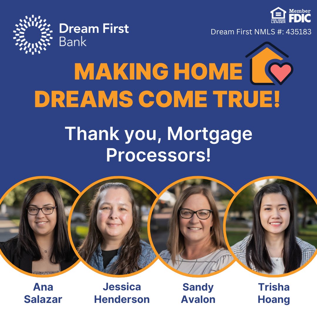 DreamFirstBank's tweet photo. 🔑 Behind Every Home Loan is a Hardworking Processor! Our mortgage processors work tirelessly to make the home-buying journey smooth and stress-free! Today, we celebrate them! 🏡💙 THANK YOU! #MortgageProcessorsDay #DreamFirstBank #HomeLoans https://t.co/ZEjRV22NCC