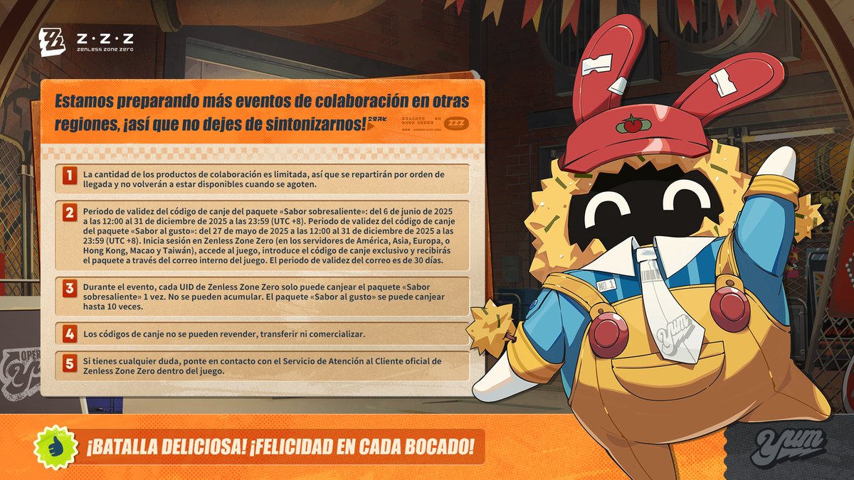 ZZZ_ES's tweet image. ¿Nah ñoo? (¿Tienes hambre?)
¡Nueva Eridu celebrará su primer evento global «Batalla deliciosa» durante la versión 2.0! ¡Anby, Burnice y Fritobú te darán la bienvenida!

¡Pulsa la imagen de abajo para descubrir cómo obtener delicias y canjear el paquete exclusivo de la…