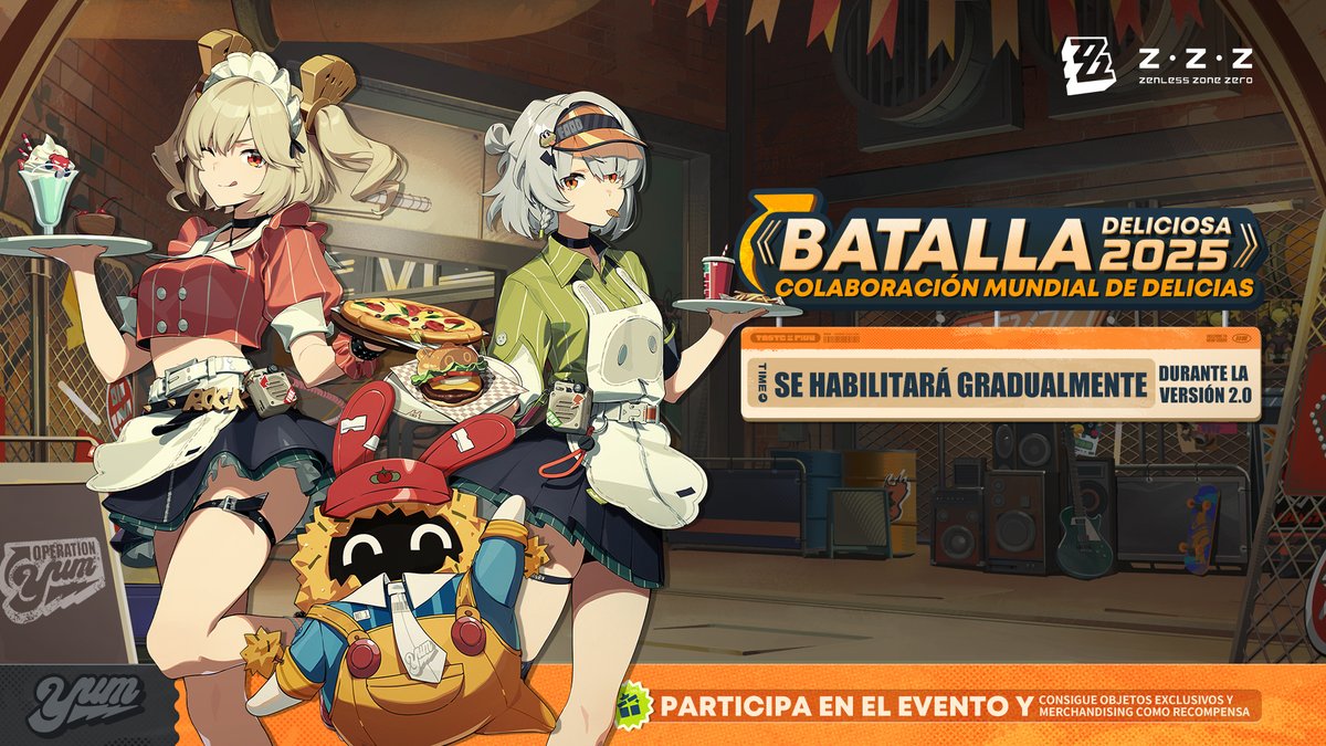 ZZZ_ES's tweet image. ¿Nah ñoo? (¿Tienes hambre?)
¡Nueva Eridu celebrará su primer evento global «Batalla deliciosa» durante la versión 2.0! ¡Anby, Burnice y Fritobú te darán la bienvenida!

¡Pulsa la imagen de abajo para descubrir cómo obtener delicias y canjear el paquete exclusivo de la…