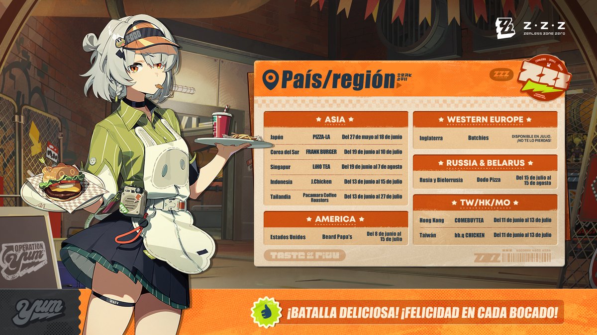 ZZZ_ES's tweet image. ¿Nah ñoo? (¿Tienes hambre?)
¡Nueva Eridu celebrará su primer evento global «Batalla deliciosa» durante la versión 2.0! ¡Anby, Burnice y Fritobú te darán la bienvenida!

¡Pulsa la imagen de abajo para descubrir cómo obtener delicias y canjear el paquete exclusivo de la…