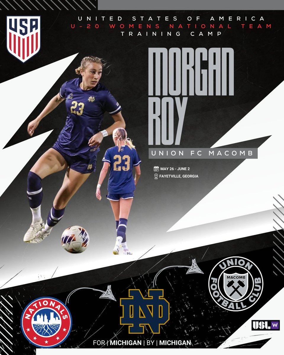 Union FC Macomb (@unionfcmacomb) on Twitter photo || HEADING TO US U-20 CAMP ||
We are proud to share that Morgan Roy, member of our <a href="/USLWLeague/">USL W League</a> team, a proud <a href="/NDSoccer/">Notre Dame Women's Soccer</a> player & <a href="/NationalsGA/">Nationals Girls Academy</a> alumni, has been called up to represent the United States again at their Training Camp in Georgia from May 26th till June 2nd.
We are so || HEADING TO US U-20 CAMP ||
We are proud to share that Morgan Roy, member of our <a href="/USLWLeague/">USL W League</a> team, a proud <a href="/NDSoccer/">Notre Dame Women's Soccer</a> player & <a href="/NationalsGA/">Nationals Girls Academy</a> alumni, has been called up to represent the United States again at their Training Camp in Georgia from May 26th till June 2nd.
We are so
