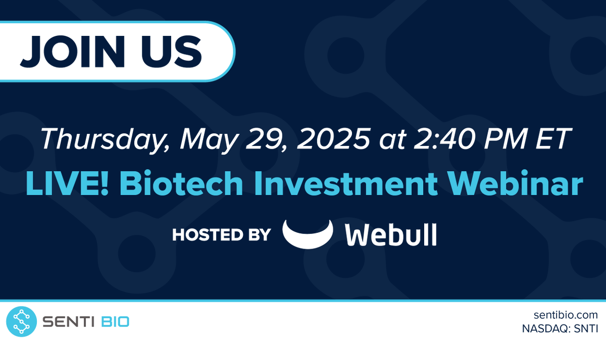 Senti Biosciences (@sentibio) on Twitter photo #JoinUs on Thursday, May 29 for the LIVE! Biotech Investment Webinar hosted by Webull Corporate Connect. Tune in to hear insights directly from #SNTI management.
🕒 Time: 2:40PM ET
🔗 Register now: bit.ly/3YVeBBa 
$SNTI #CellTherapy #CARNK #AcuteMyeloidLeukemia #AML #JoinUs on Thursday, May 29 for the LIVE! Biotech Investment Webinar hosted by Webull Corporate Connect. Tune in to hear insights directly from #SNTI management.
🕒 Time: 2:40PM ET
🔗 Register now: bit.ly/3YVeBBa 
$SNTI #CellTherapy #CARNK #AcuteMyeloidLeukemia #AML