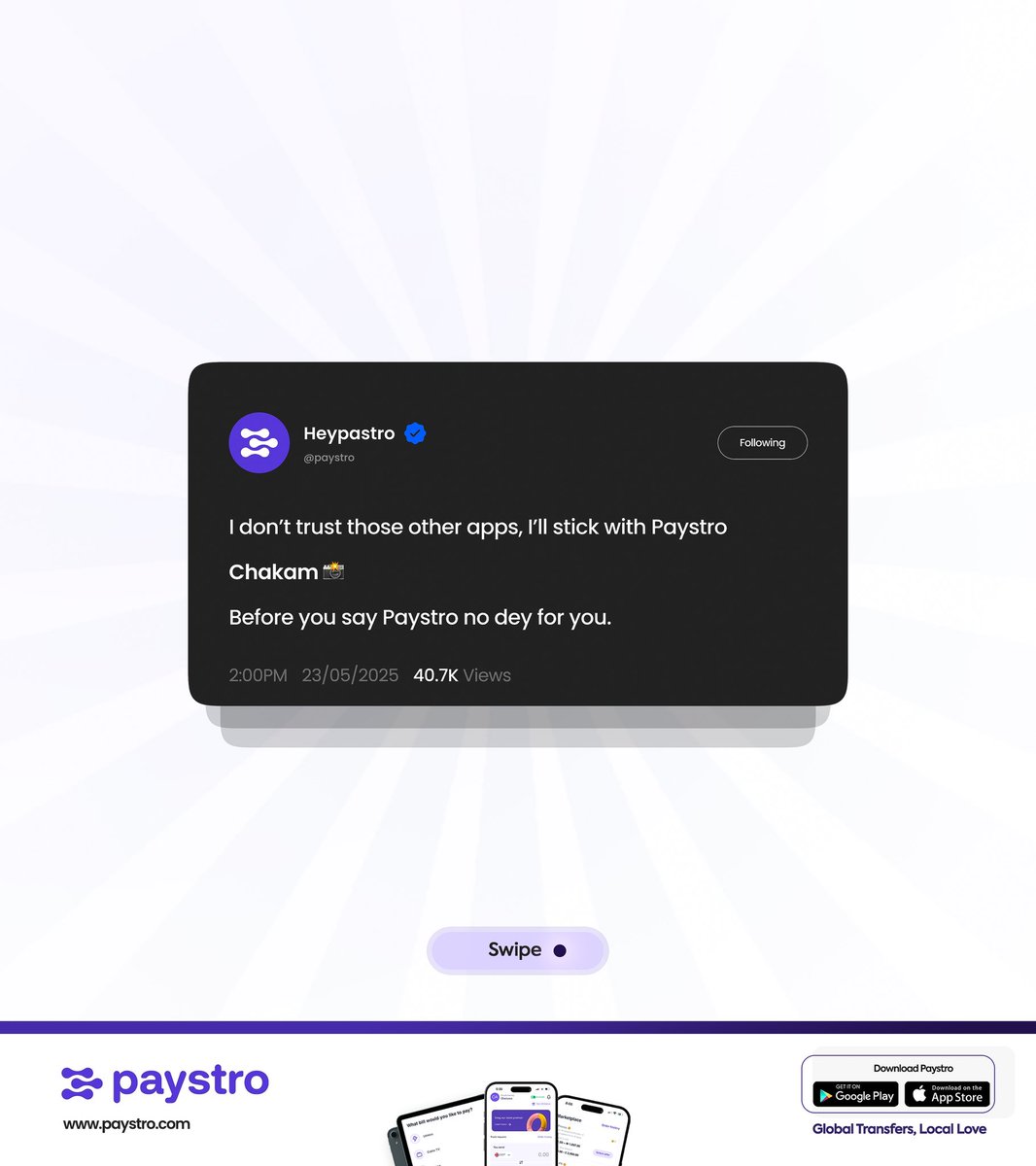 HeyPaystro's tweet image. We don’t take compliments lightly, we screenshot them and smile for the rest of the day. Shoutout to our amazing users. You keep us going!
#Paystro #Fintech #domorewithpaystro