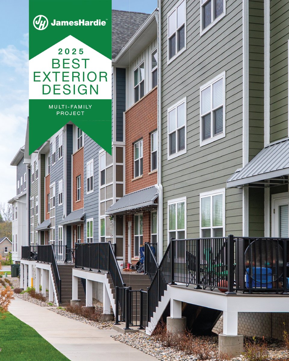 JamesHardie's tweet photo. Congratulations to Cutting Edge Homes (@cuttingedgehomesllc), award recipient for Best Multi-Family Exterior Design featuring Hardie® Products.  

 Newly built in downtown Hastings, MI, the Tyden Loft Apartments feature a slew of Statement Collection® colors, showcasing the beauty and versatility available across the Hardie® siding offerings from plank to panel.  

"For over 25 years, we've specialized in installing Hardie® products across Michigan and throughout the U.S., delivering expert craftsmanship and lasting results on every project,” says Mark Horling, owner. 

Hardie® Plank in Evening Blue and Mountain Sage complement the understated neutrals of the Monterey Taupe and Timber Bark Hardie® Panel, the colorful lap texturally distinguishing the accent walls featuring vertical and horizontal applications of Arctic White trim batten.  

James Hardie’s #ExteriorDesignWeek is just around the corner — happening on our channels the week of May 25-31, 2025 — and we’re recognizing trade pros for their exceptional exterior design work all month long. 

Learn more: https://t.co/eXa3tjj7st 

#JamesHardie #Siding #Trim #CurbAppeal #HomeSweetHome #Durability #LongLastingBeauty #TrustedProtection