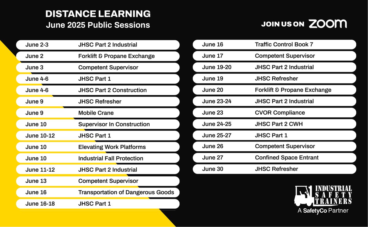 Own your schedule this June with our Distance Learning safety courses! 
Join live, instructor-led sessions from wherever you are—home, office, or on the go.

Explore upcoming dates and register at istcanada.ca, or reach us at 1-800-219-8660 or hello@istcanada.ca