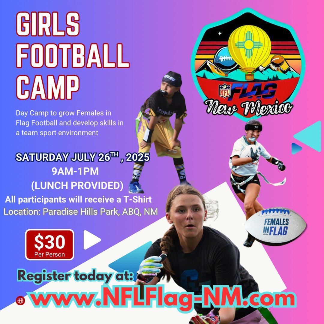 Calling all girls! Are you ready to take the field and show off your skills? IG nflflag.nm is hosting a football camp just for girls, where you can learn the game, make new friends, and have a blast! 🌟 Join us for a fun-filled day of drills, games, and football action. 🏈