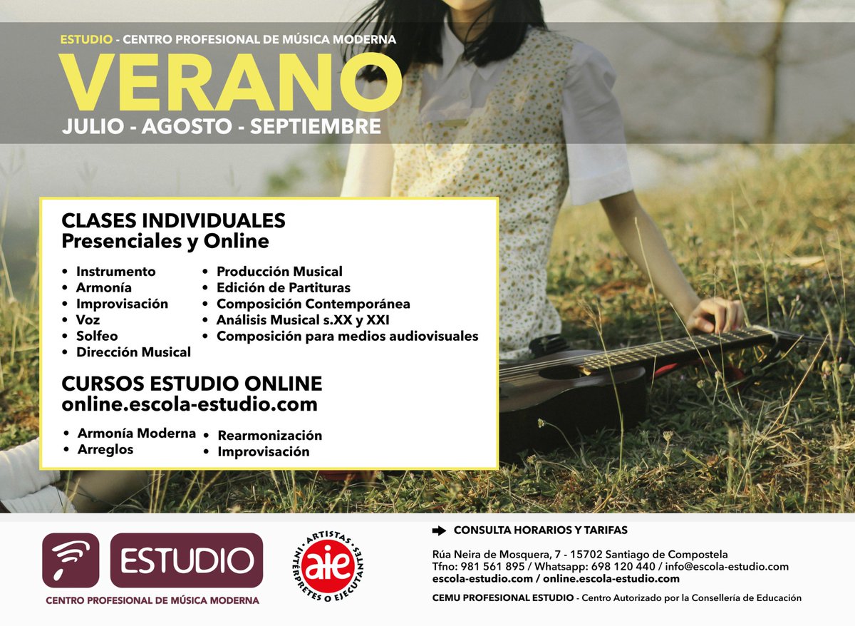Opciones de instrumento en Verano:
🔸 Guitarra eléctrica, acústica o flamenca.
🔸 Canto moderno.
🔸 Bajo eléctrico, contrabajo.
🔸 Piano.
🔸 Saxofón
🔸 Flauta
🔸 Clarinete
🔸 Trompeta
🔸 Trombón
🔸 Bombardino