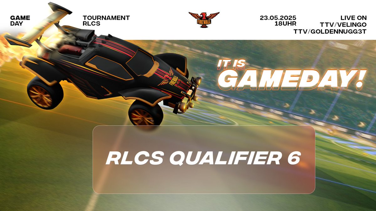 Der letzte #RLCS Qualifier der laufenden Saison steht vor der Tür und wir gehen mit folgendem Lineup an den Start:

🏟️ <a href="/Goldennugg3t/">Goldennugg3t</a>, <a href="/infiire/">Max|infiire</a> &amp; <a href="/vel72027/">vel</a> 
⏰ Heute ab 18:00 Uhr
📺 TTV/VELINGO &amp; TTV/GOLDENNUGG3T
