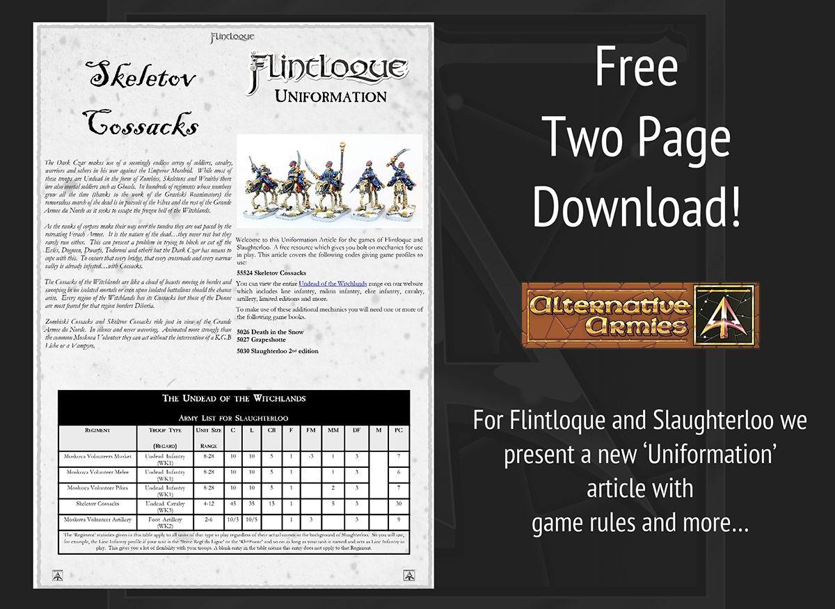 Flintloque and Slaughterloo!  Article One of Two (other one, scenario is next week).  “Uniformation” for the new 55524 Skeletov Cossacks.  Click through to download! shorturl.at/tYQut  #alternativearmies #flintloque #wargaming #28mm #tabletopgaming