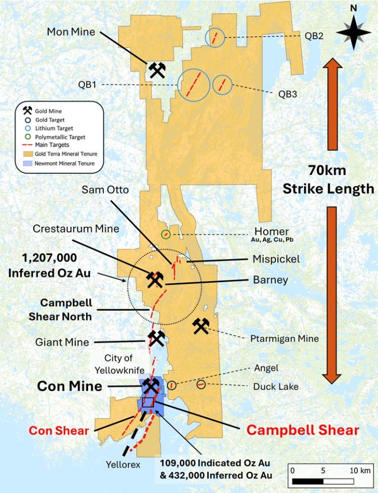 Our Company's district-scale land holdings cover one of the most extensive mineralized systems in Canada with a 70 km strike length of the prolific Campbell Shear. Our current focus is the Con Mine Option property where deep drilling has intersected the Campbell Shear below the