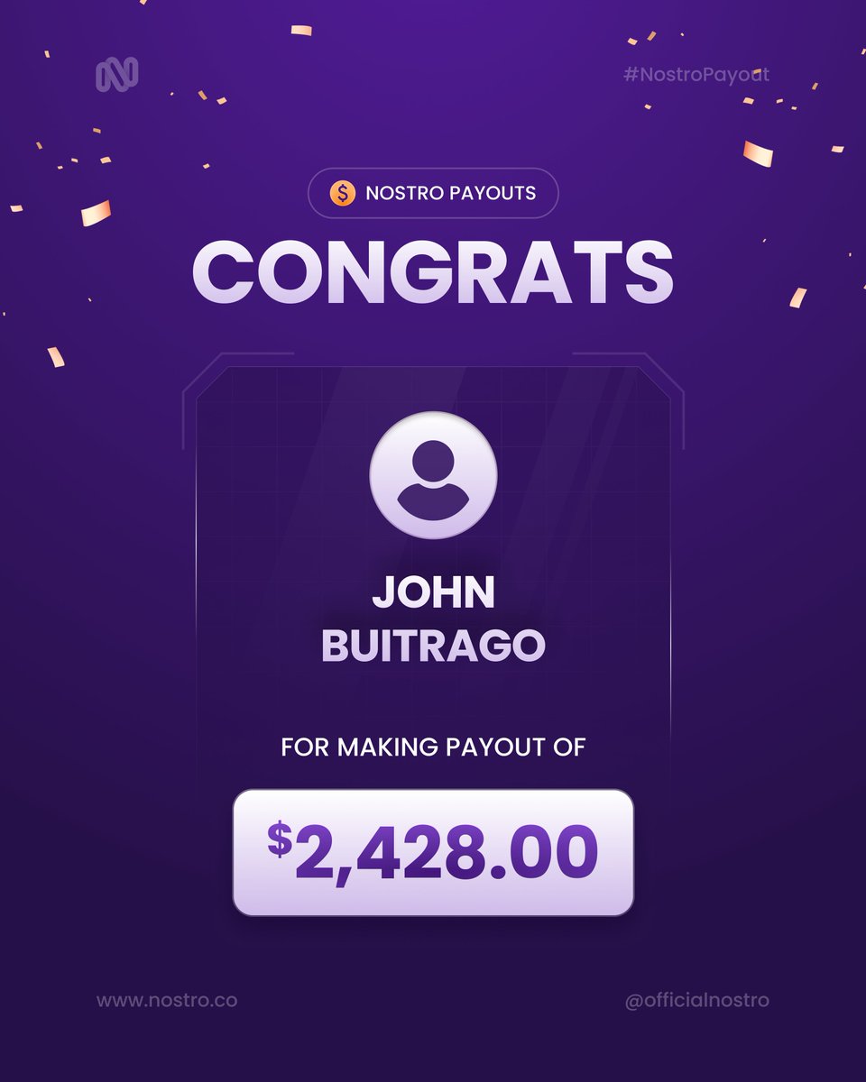 OfficialNostro's tweet image. What an amazing way to wrap up the week! 🎉
Big congrats to John Buitrago on securing a $2,428.00 payout! 💰
Let’s keep the momentum going. 🚀
#NostroPayout #FridayWins #StartYourChallenge