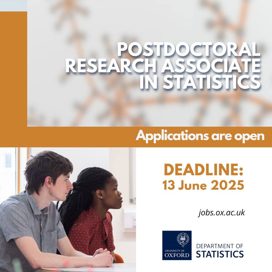 OxfordStats's tweet image. Join us!
We are recruiting for a full-time Postdoctoral Research Associate in Statistics, on a fixed-term basis for ten months.
PI: Professor Gesine Reinert
Area: Characterising models for networks
➡️ Find out more about the role and how to apply: tinyurl.com/mhbhwfcb