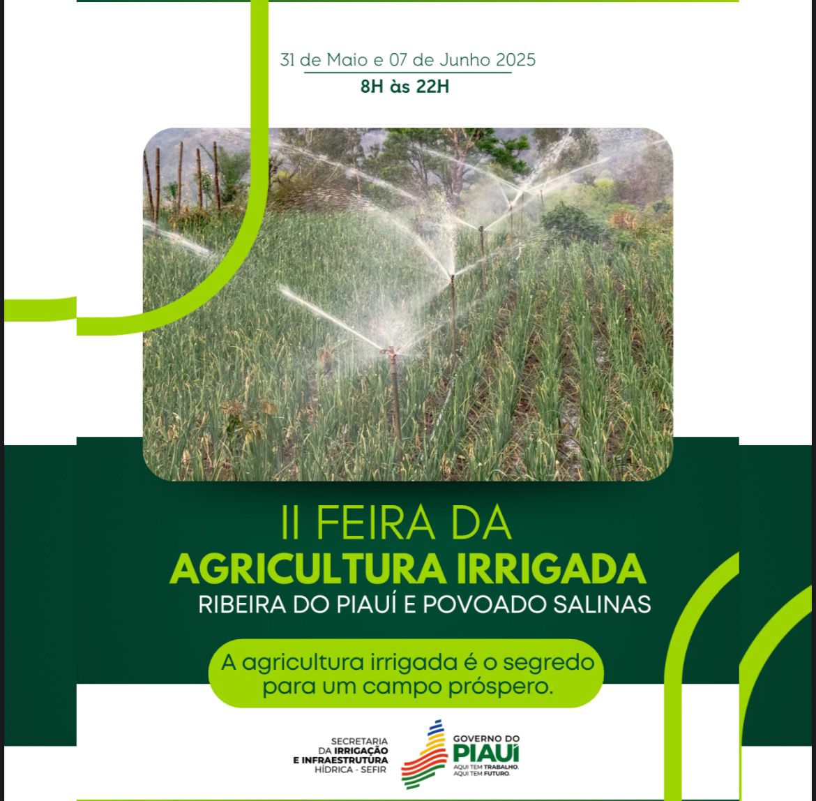 guocombr's tweet photo. 🎙️Atenção, Ribeira do Piauí é Povoado Salinas! Vem aí a II Feira de Agricultura Irrigada, dias 31 de maio e 7 de junho, com uma programação completa na sede da cidade! Serão palestras, painéis técnicos, exposições e rodas de conversa sobre agricultura, irrigação e tecnologia https://t.co/gwxkhVqrEm