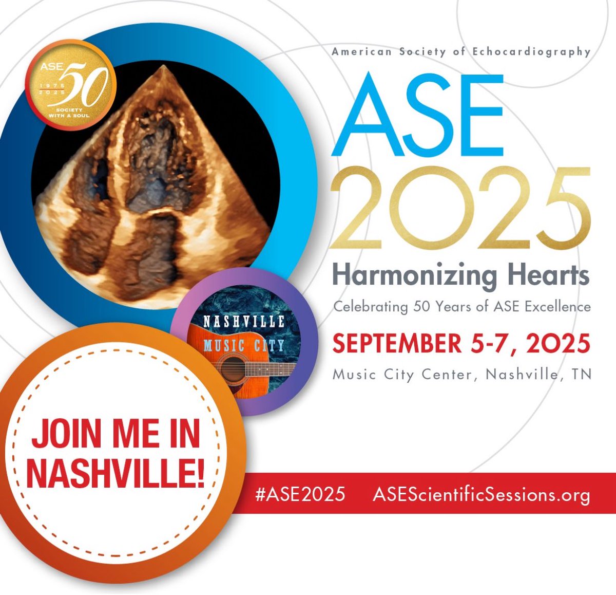 Looking forward to attending #ASE2025 in Nashville, Sept 5–7, to celebrate 50 years of ASE excellence.
Excited to learn, connect, and support the echo community alongside so many great colleagues.
Hope to see you there! <a href="/ASE360/">American Society of Echocardiography</a> #ASE50th #EchoFirst #SeeYouinNashville