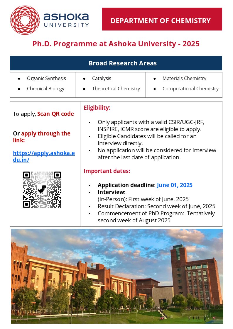 Department of Chemistry, Ashoka University (@chemistryashoka) on Twitter photo PhD in Chemistry at Ashoka University! Open to CSIR/UGC-JRF, INSPIRE & ICMR fellows. Apply now to join a thriving research environment. apply.ashoka.edu.in <a href="/AshokaUniv/">Ashoka University</a> PhD in Chemistry at Ashoka University! Open to CSIR/UGC-JRF, INSPIRE & ICMR fellows. Apply now to join a thriving research environment. apply.ashoka.edu.in <a href="/AshokaUniv/">Ashoka University</a>