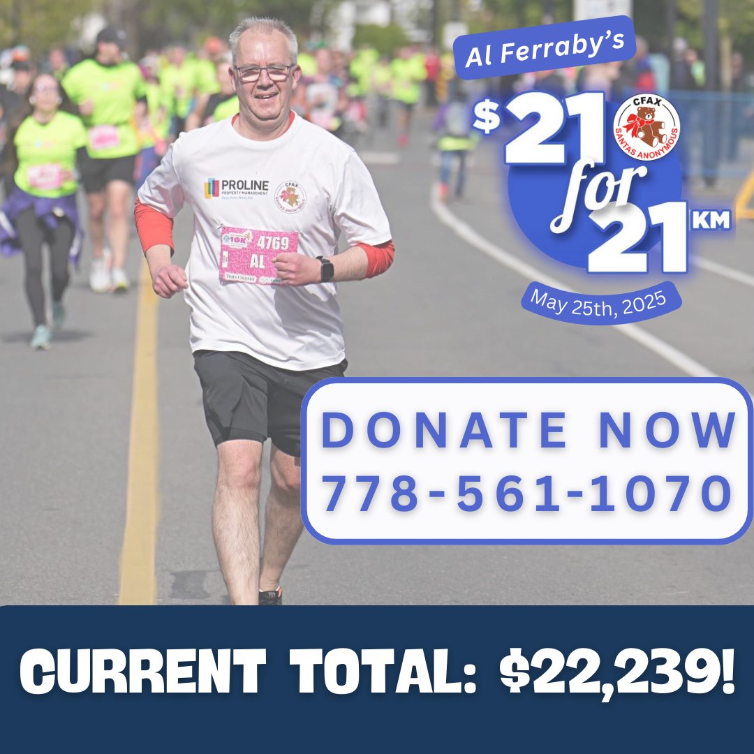 🎉 It’s Pledge Morning for Al’s $21 for 21km! 👟 Tune in to CFAX 1070 till 9am for stories &amp; updates. CURRENT TOTAL: $22,239, keep the calls coming! Since 2014, over $330K raised for kids’ mental health, hunger relief, education &amp; camps. 📞 Donate: 778-561-1070  #CommunitySupport