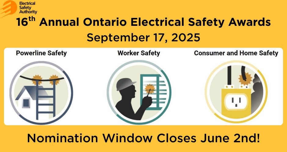 Electricity Distributors Association (EDA) (@eda_ont) on Twitter photo ⏱ Less than two weeks left to submit nominations for the Ontario Electrical Safety Awards, Presented by <a href="/homeandsafety/">Electrical Safety Authority (ESA)</a>! ⏱
Do you know someone who works in powerline safety, worker safety, and consumer & home safety who should be recognized?
Nominations close June 2.
View for ⏱ Less than two weeks left to submit nominations for the Ontario Electrical Safety Awards, Presented by <a href="/homeandsafety/">Electrical Safety Authority (ESA)</a>! ⏱
Do you know someone who works in powerline safety, worker safety, and consumer & home safety who should be recognized?
Nominations close June 2.
View for