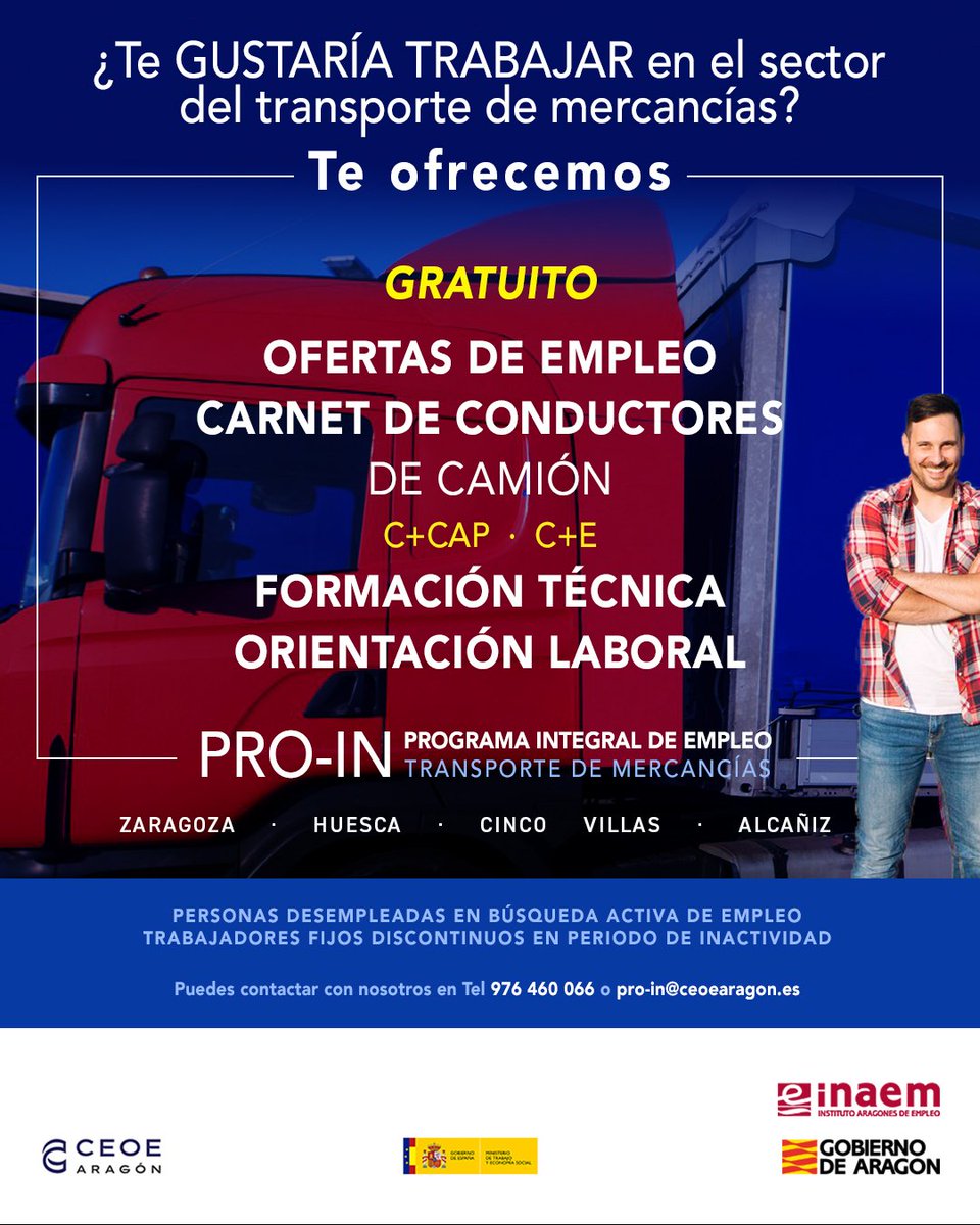 Si quieres trabajar en el sector del Transporte de Mercancías por carretera, toma nota del programa integral de empleo PRO-In para transporte de mercancías. 🚚
📌Te atendemos en Zaragoza, Huesca, Cinco Villas y Alcañiz empleo.ceoearagon.es/pro-in-2024-tr…
<a href="/AytoAlcaniz/">Ayuntamiento Alcañiz</a> <a href="/CEOEAragon/">CEOEAragon</a> <a href="/Inaempleo/">Inaem</a>