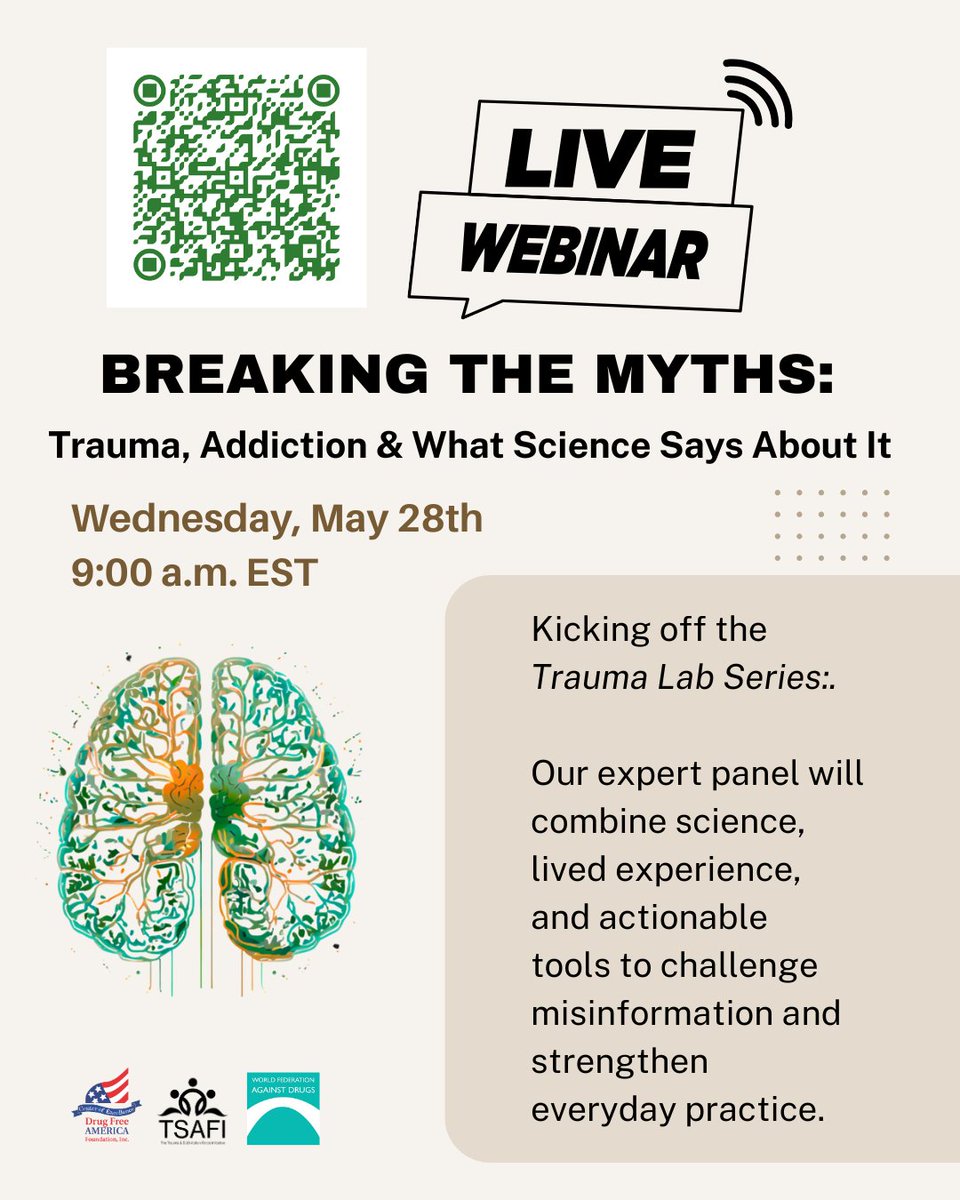 DrugFreeAmerica's tweet image. Join TSAFI on May 28th at 9 AM EST for a Live Webinar Debunking Trauma and Addiction Myths with Science and lived experience. Visit tsafi.wfad.se/activities/ to register!