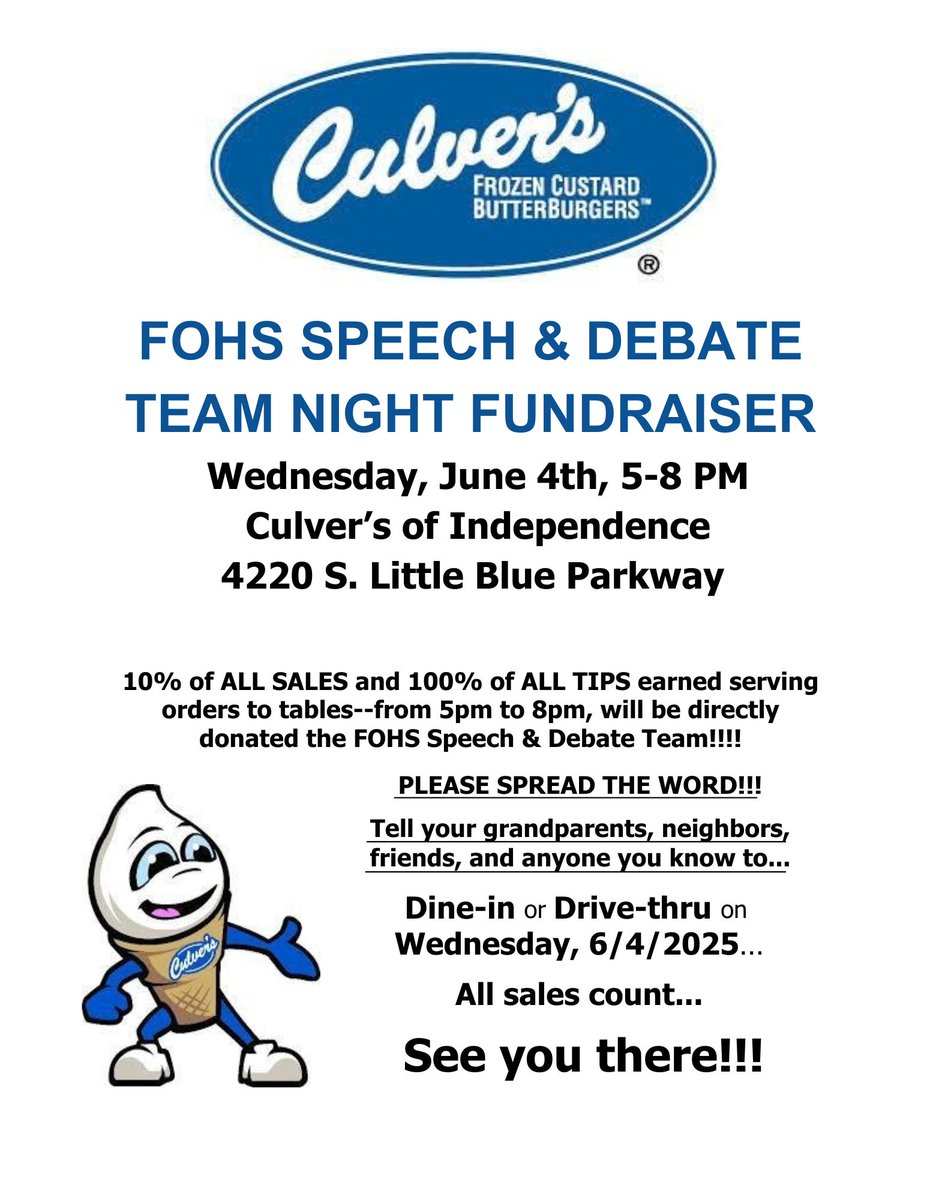 SAVE THE DATE!  Please join us for dinner at our Culver's Team Night fundraiser on Wednesday, June 4th from 5-8PM.  Send this flier to your social media, contacts, and friends... THANK YOU!!!