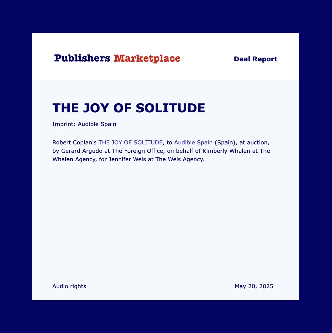 🎉Absolutely thrilled to announce another amazing international deal for Dr. Robert Coplan (<a href="/rjcoplan/">Robert Coplan</a>)! THE JOY OF SOLITUDE has sold at auction to Audible Spain. Congratulations, Robert! 🎉 #amagenting #bookdeal #NewBook