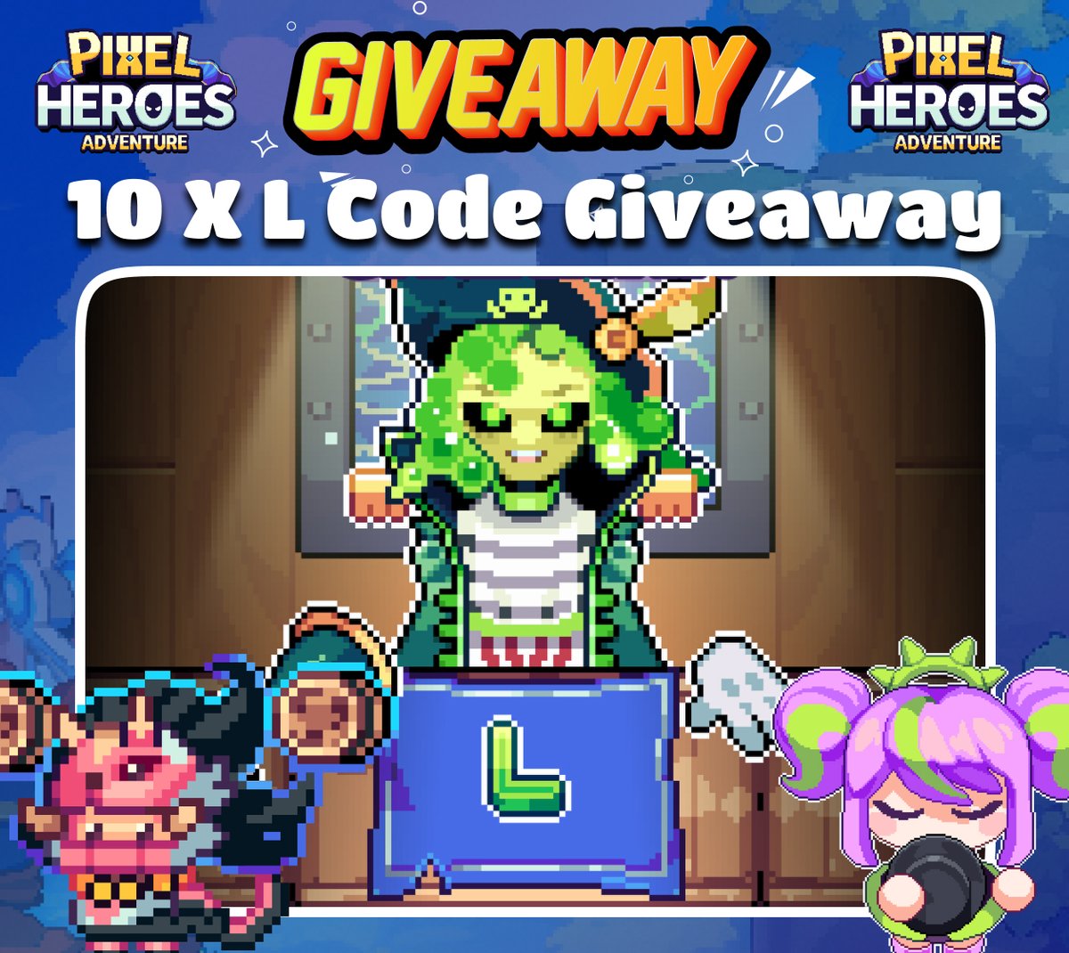 Aditya.ron 🇮🇳 ⚡| KIND (@aditya_rmurali) on Twitter photo ⚠️ <a href="/PixelHeroesMMO/">Pixel Heroes Adventure</a> x Giveaway ⚠️
10 L-Code Giveaway 🔥
Rules
1️⃣ Like , RT, Bookmark
2️⃣ Follow <a href="/aditya_rmurali/">Aditya.ron 🇮🇳 ⚡| KIND</a> & <a href="/PixelHeroesMMO/">Pixel Heroes Adventure</a>
3️⃣ Comment your Ronin Address
Rewards will be send in-mail. Results in 30 Hours ⚠️ <a href="/PixelHeroesMMO/">Pixel Heroes Adventure</a> x Giveaway ⚠️
10 L-Code Giveaway 🔥
Rules
1️⃣ Like , RT, Bookmark
2️⃣ Follow <a href="/aditya_rmurali/">Aditya.ron 🇮🇳 ⚡| KIND</a> & <a href="/PixelHeroesMMO/">Pixel Heroes Adventure</a>
3️⃣ Comment your Ronin Address
Rewards will be send in-mail. Results in 30 Hours