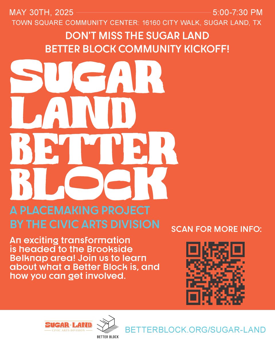 A temporary transformation is coming to Sugar Land’s Brookside Belknap neighborhood this September! Join us and <a href="/SugarLandtxgov/">City of Sugar Land</a> May 30 for the kickoff + share your input by taking the community survey by June 22.
• Survey: shorturl.at/2dOxm
• Info: betterblock.org/sugar-land