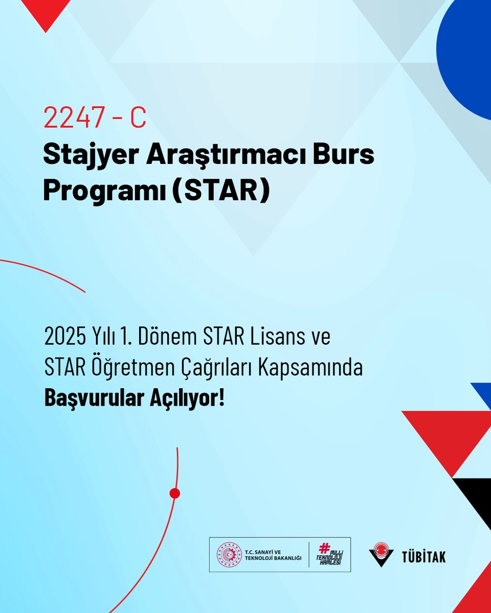 ✨TÜBİTAK Yeni STARlarını Arıyor!

TÜBİTAK 2247-C Stajyer Araştırmacı Burs Programı (STAR) 2025 yılı 1. dönem çağrısı kapsamında lisans öğrencileri ve öğretmen başvuruları başladı!

📝Başvuru tarihleri: 23 Mayıs 2025 – 13 Haziran 2025 (Saat 17:30)

Detaylar için: