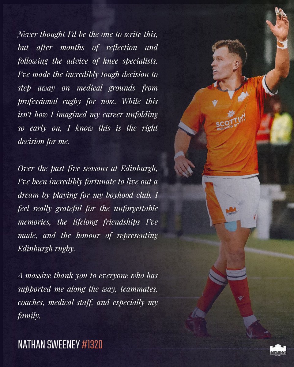 It's tough news, but we send our best to Nathan Sweeney who has made the difficult decision to step away from professional rugby on medical grounds. 🙏🧡

#AlwaysEdinburgh | #1320 🏰
