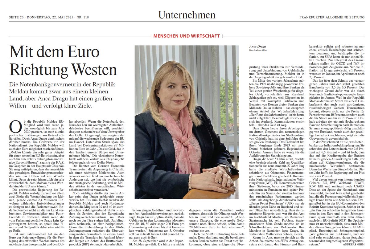 In my interview with Frankfurter Allgemeine Zeitung I spoke about Moldova’s concrete steps toward EU integration: joining SEPA, adopting the euro as reference, banking reforms, lower fees for euro zone money transfers. Moldova 🇲🇩 could be the wonder kid of the EU 🇪🇺!