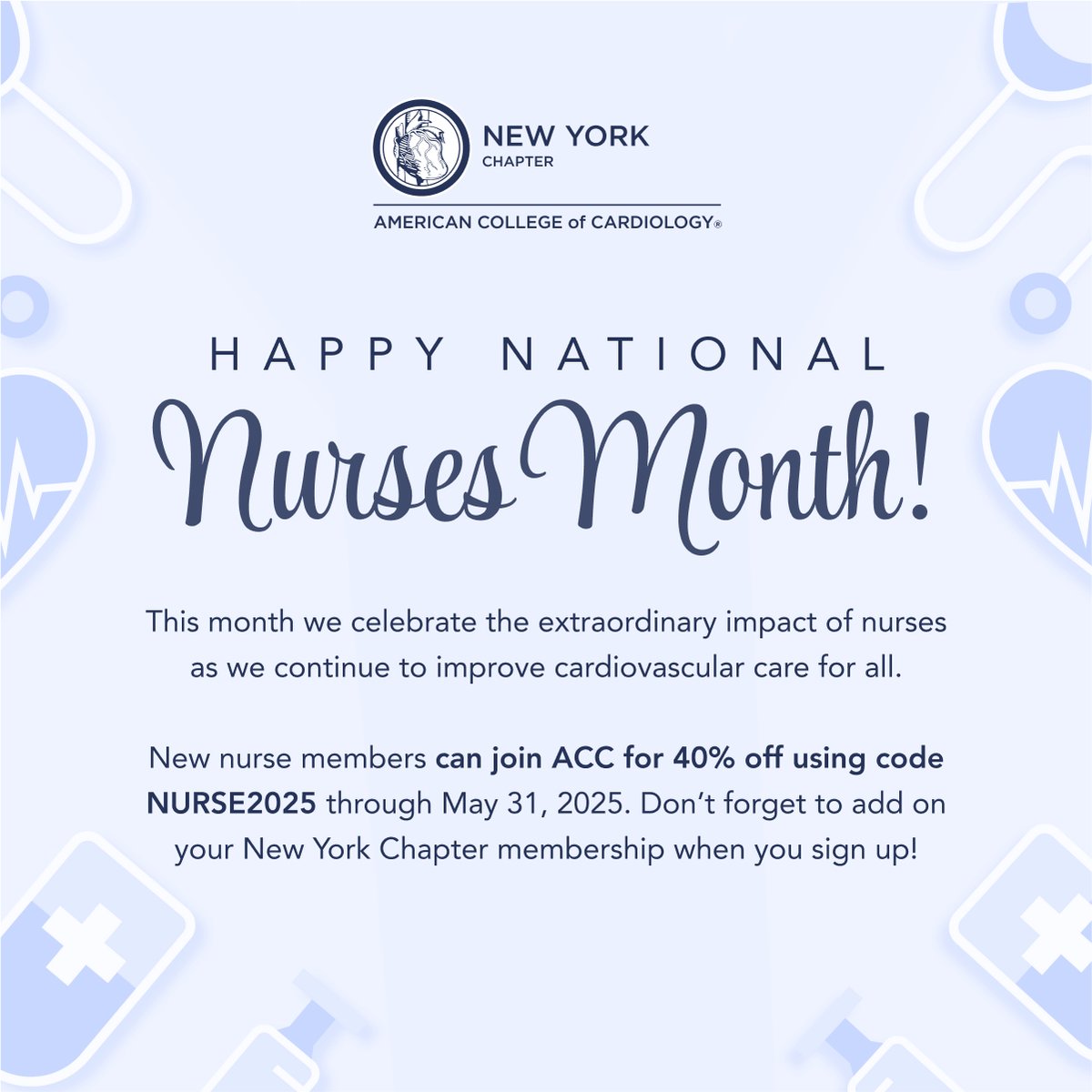 New York Chapter, ACC (@nyscacc) on Twitter photo Happy National Nurses Month! We're celebrating the vital role nurses play in advancing cardiovascular care. New nurse members can join <a href="/ACCinTouch/">American College of Cardiology</a> with 40% off using code NURSE2025 through May 31!
Plus, don’t miss our upcoming CVT Symposium + Heart Dissection, an in-person, Happy National Nurses Month! We're celebrating the vital role nurses play in advancing cardiovascular care. New nurse members can join <a href="/ACCinTouch/">American College of Cardiology</a> with 40% off using code NURSE2025 through May 31!
Plus, don’t miss our upcoming CVT Symposium + Heart Dissection, an in-person,